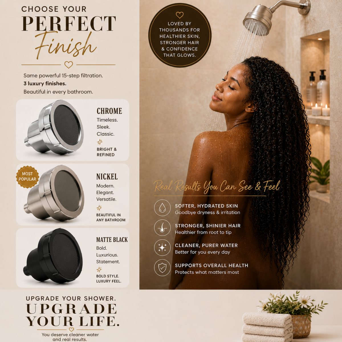 A promotional graphic for luxury bathroom shower heads, featuring a woman in a shower on the right and three filter options (Chrome, Nickel, Matte Black) on the left. The text highlights the 15-step filtration process and the &